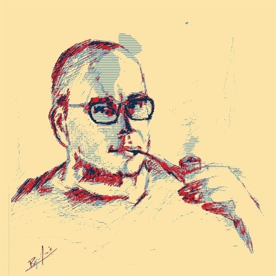 Ballpoint-pen sketch portrait of Georges Maalouf with his pipe
